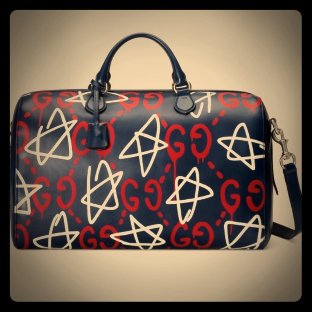 Gucci Ghost Duffle Travel Bag GG Graffiti Print